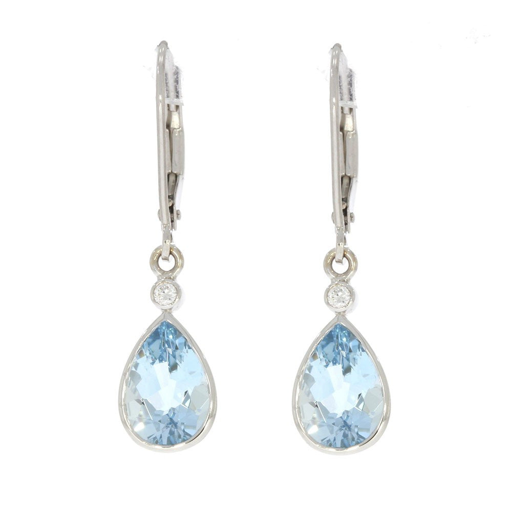 14K White Gold Pear Shape Bezel Set Aquamarine Dangle Earrings, with Bezel Set Round Diamond Accents, and Lever Back Closures
