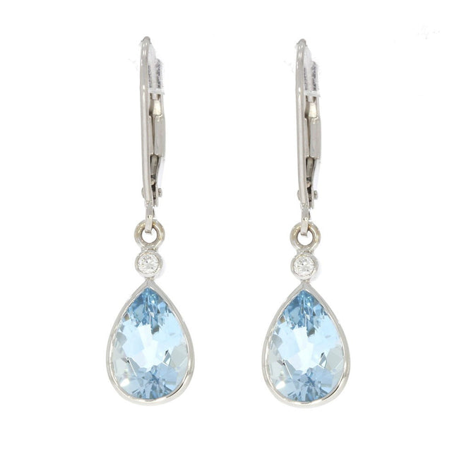14K White Gold Pear Shape Bezel Set Aquamarine Dangle Earrings, with Bezel Set Round Diamond Accents, and Lever Back Closures