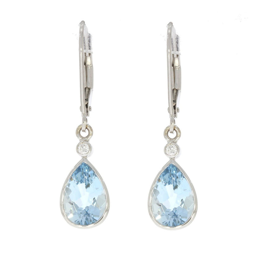 14K White Gold Pear Shape Bezel Set Aquamarine Dangle Earrings, with Bezel Set Round Diamond Accents, and Lever Back Closures