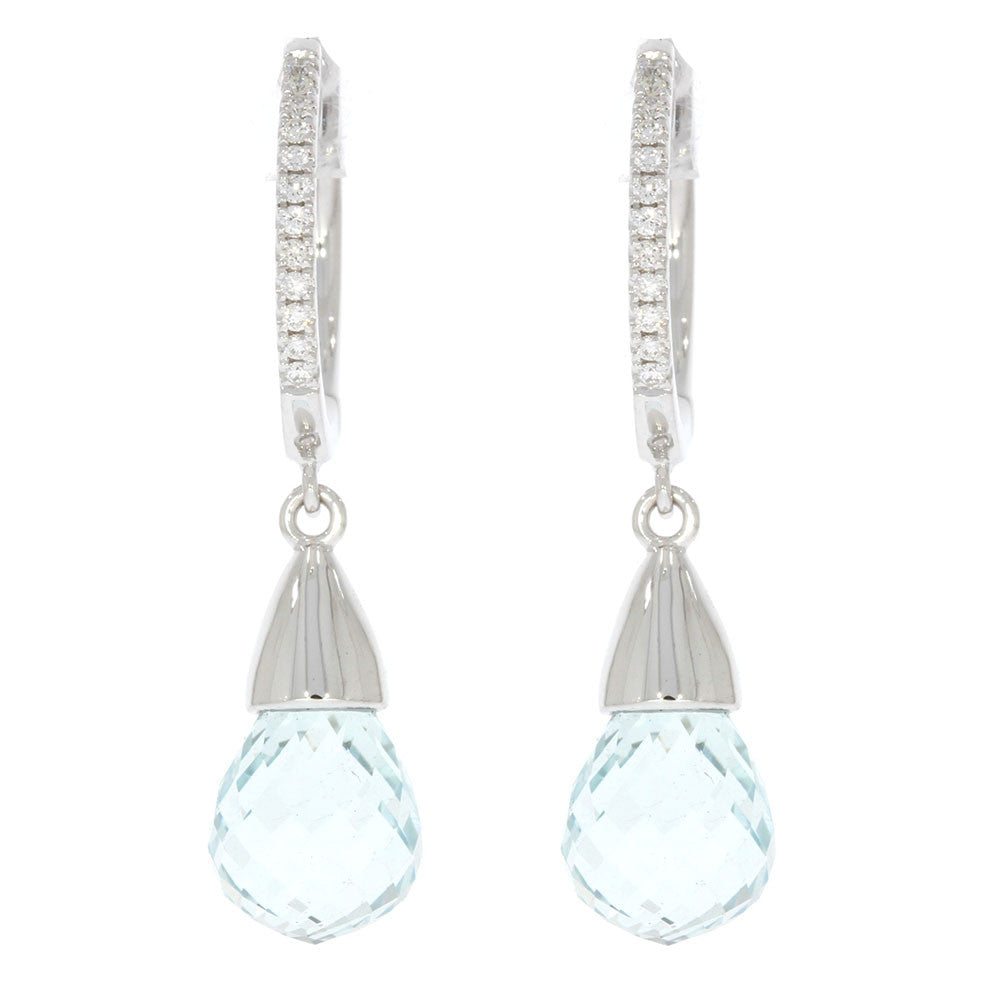 14K White Gold Hinged Diamond Hoop With Aquamarine Briolette Dangle