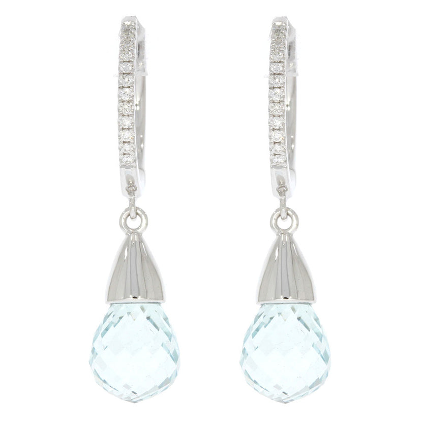 14K White Gold Hinged Diamond Hoop With Aquamarine Briolette Dangle