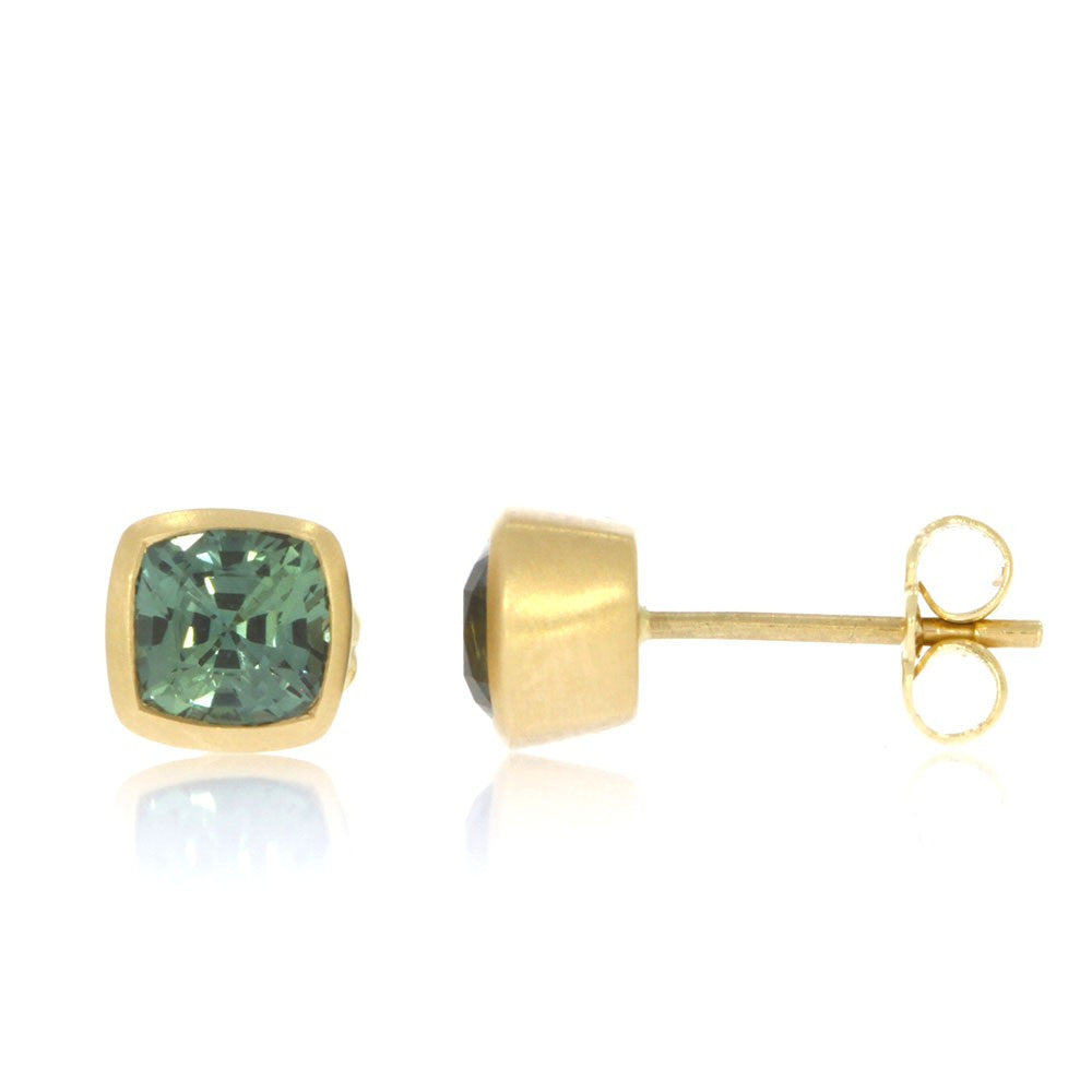 14K Yellow Gold and Bezel Set Cushion Cut Montana Sapphire Stud Earrings, with Friction Back Closures