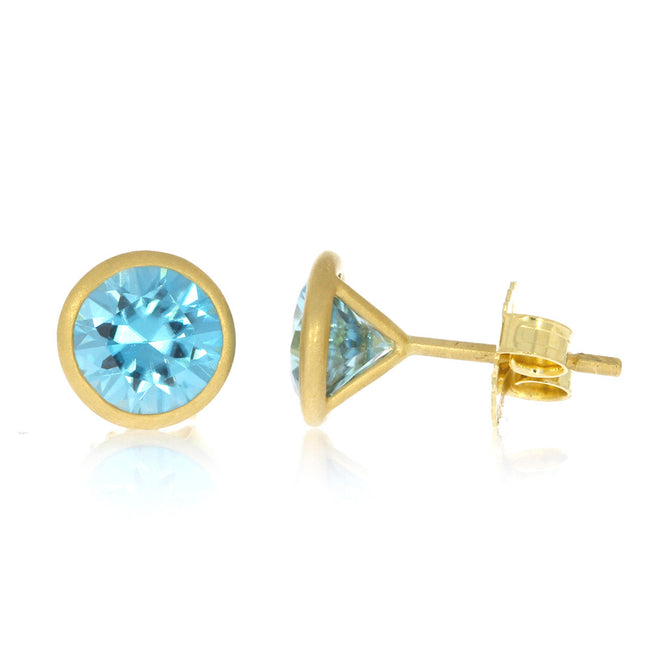 18K Yellow Gold and Bezel Set Blue Zircon Solitaire Earrings