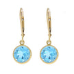 14K Yellow Gold and Bezel Set Round Blue Topaz Dangle Earrings, with Leverback Closures