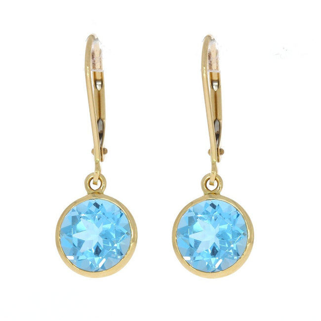 14K Yellow Gold and Bezel Set Round Blue Topaz Dangle Earrings, with Leverback Closures