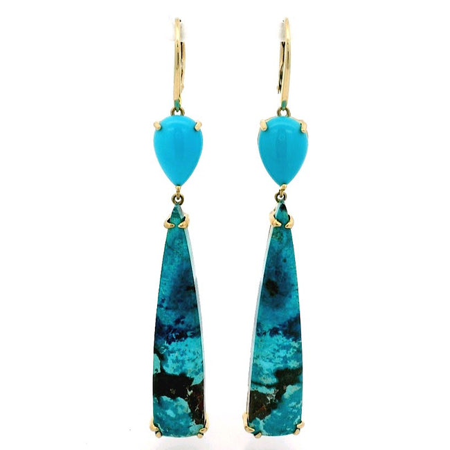 14K Yellow Gold Chrysocolla and Arizona Turquoise Dangle Earrings, with Leverback Closures
