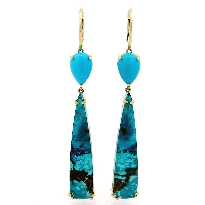 14K Yellow Gold Chrysocolla and Arizona Turquoise Dangle Earrings, with Leverback Closures