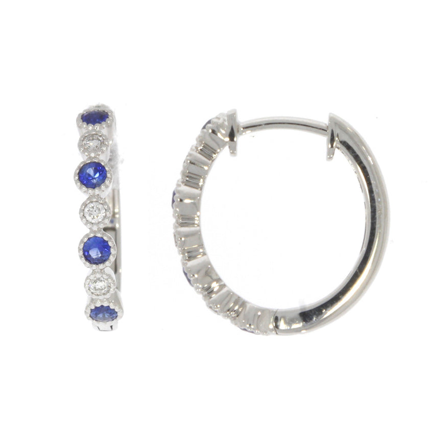 14K White Gold Alternating Bezel Set Blue Sapphire and Diamond Hoop Earrings, with Milgrain Borders
