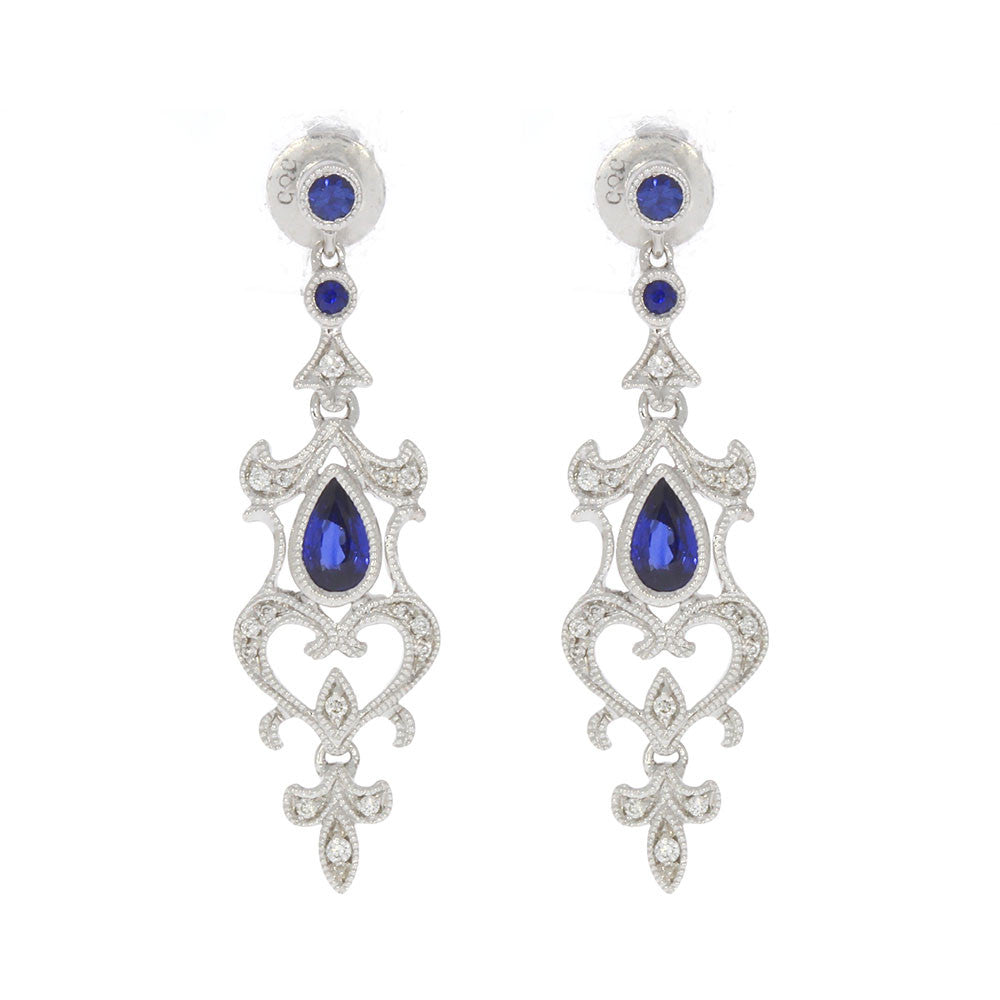 14K White Gold Art Deco Style Dangle Earrings, with Bezel Set Blue Sapphires, and Prong Set Round Diamond Accents