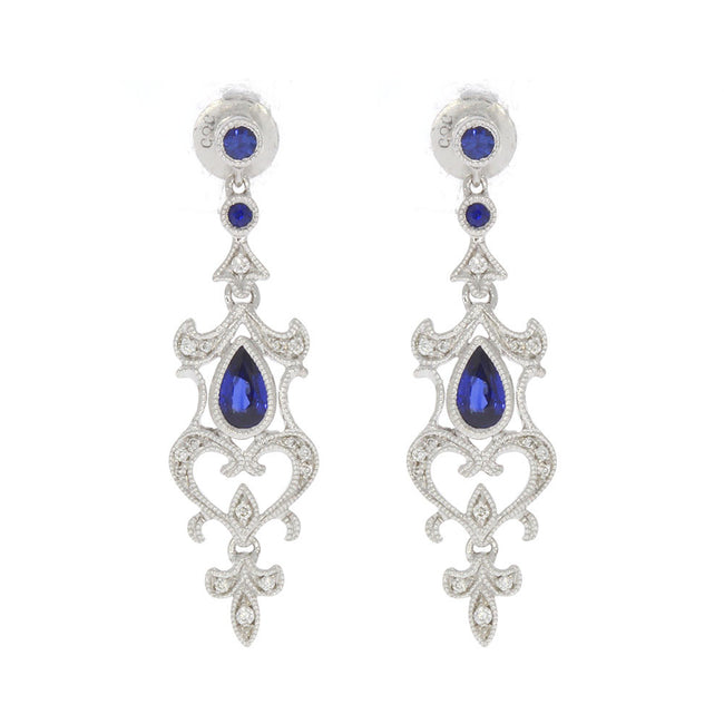 14K White Gold Art Deco Style Dangle Earrings, with Bezel Set Blue Sapphires, and Prong Set Round Diamond Accents