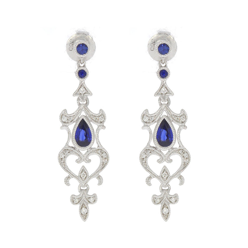 14K White Gold Art Deco Style Dangle Earrings, with Bezel Set Blue Sapphires, and Prong Set Round Diamond Accents