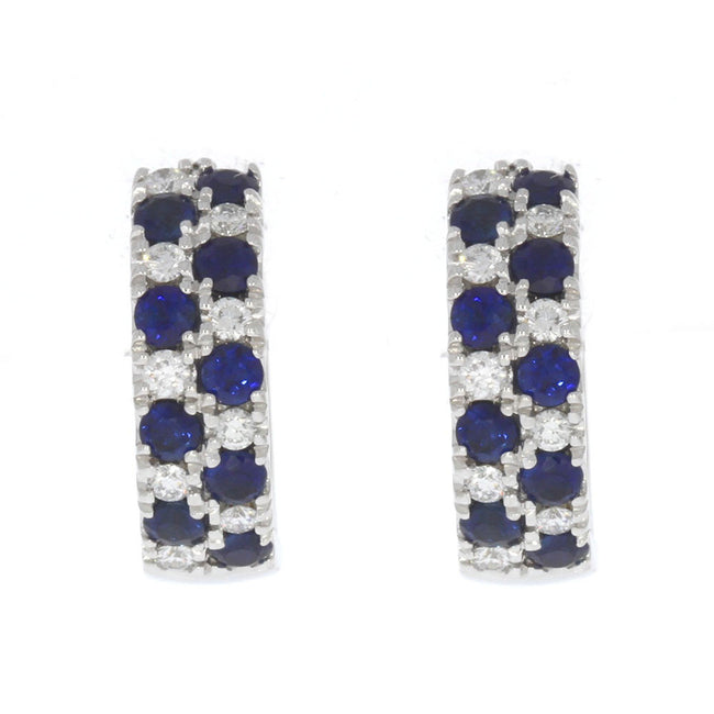 14K White Gold Blue Sapphire and Diamond Hoop Earrings