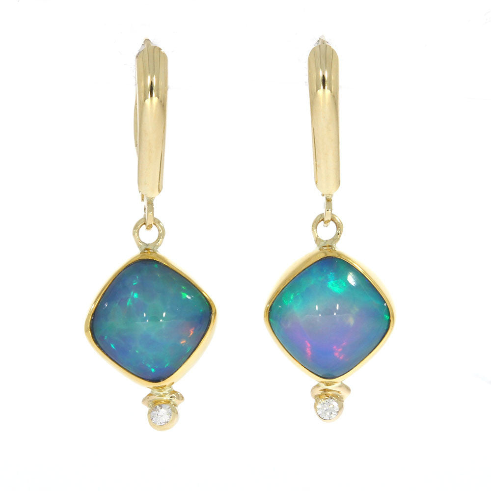14K and 22K Yellow Gold Bezel Set Kited Square Cabochon Ethiopian Opal and Diamond Lever Back Earrings
