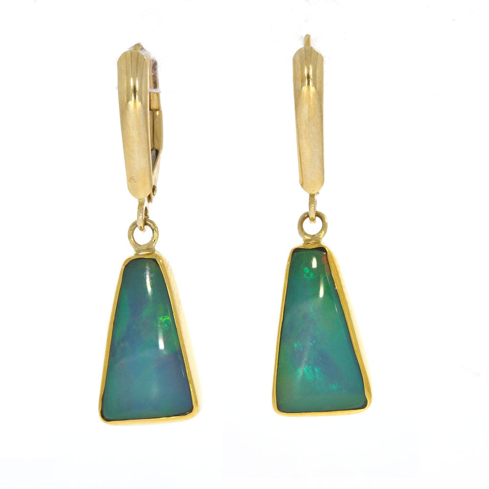 14K and 22K Yellow Gold Bezel Set Trapezoid Ethiopian Opal Dangle Earrings, with Lever Back Closures