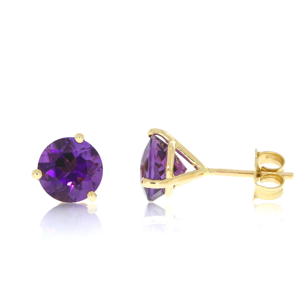 14K Yellow Gold and Amethyst Three Prong Martini Solitaire Earrings