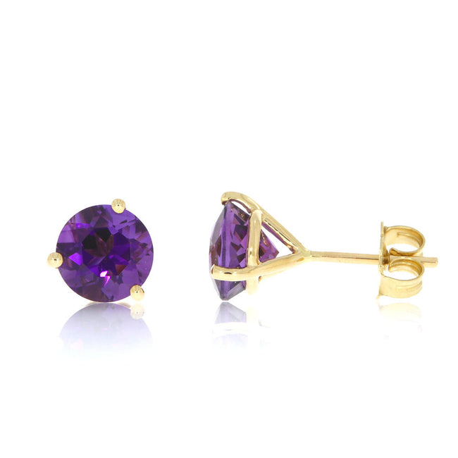 14K Yellow Gold and Amethyst Three Prong Martini Solitaire Earrings
