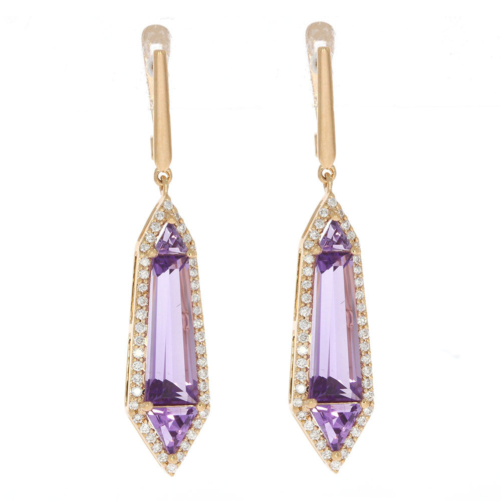 14K Rose Gold and Diamond Dangle Earrings with Fancy Cut Amethysts