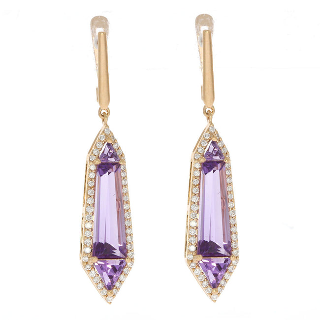 14K Rose Gold and Diamond Dangle Earrings with Fancy Cut Amethysts
