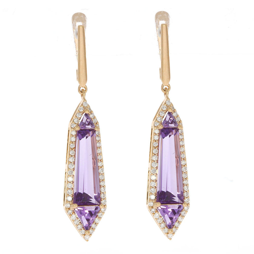 14K Rose Gold and Diamond Dangle Earrings with Fancy Cut Amethysts