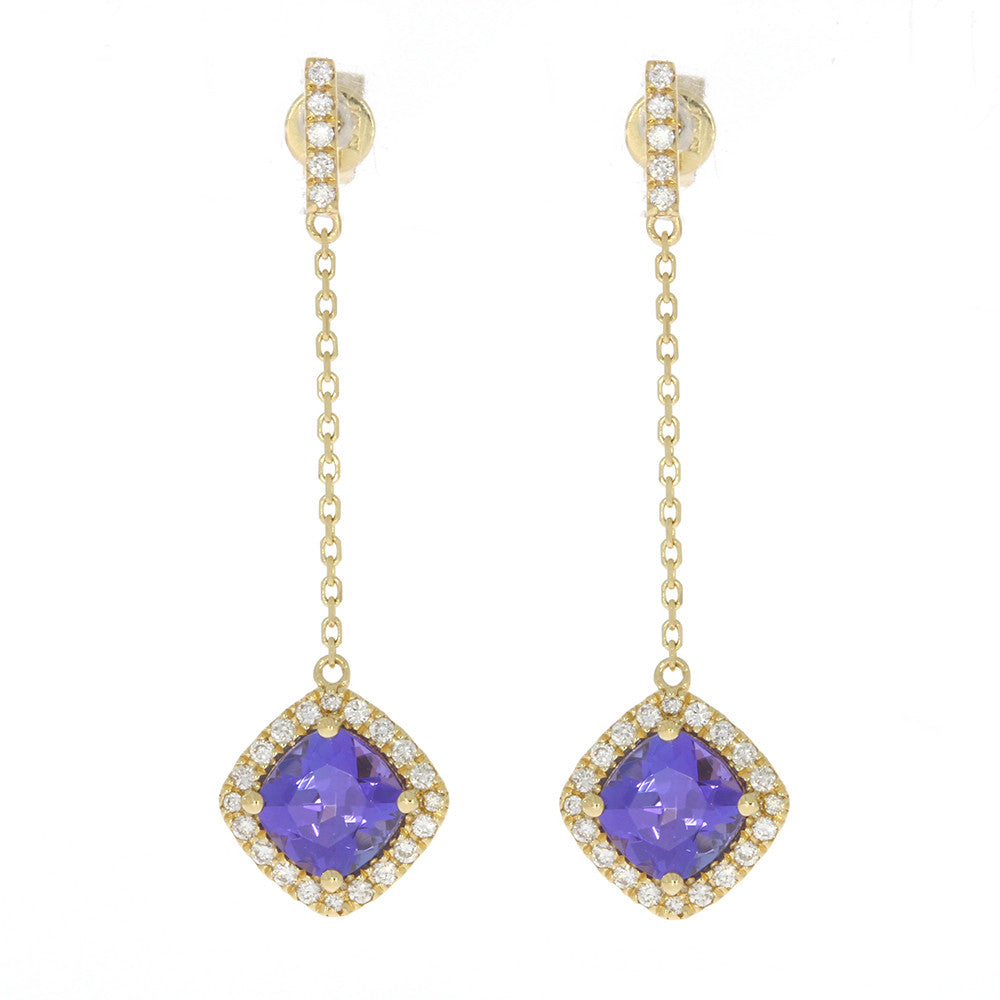 14K Yellow Gold Cushion Cut Tanzanite and Diamond Chain Dangle Earrings