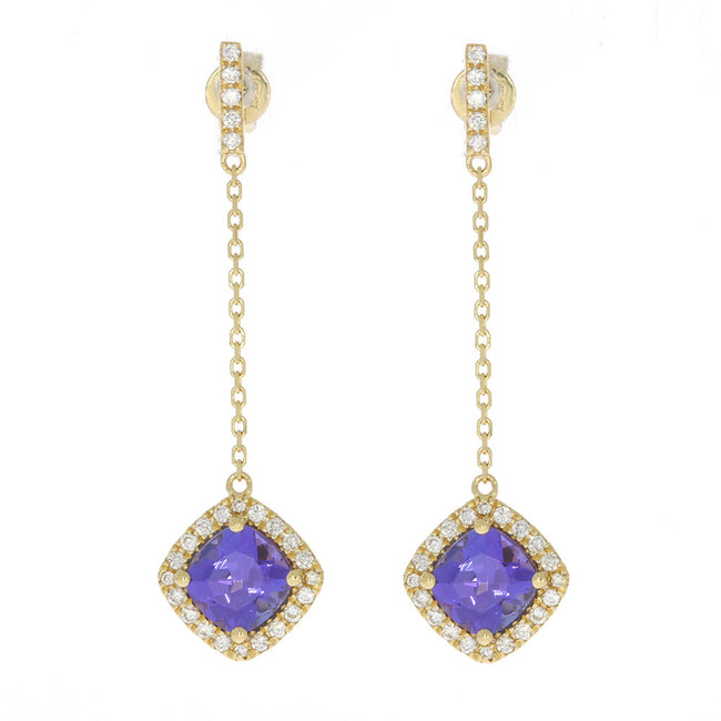 14K Yellow Gold Cushion Cut Tanzanite and Diamond Chain Dangle Earrings