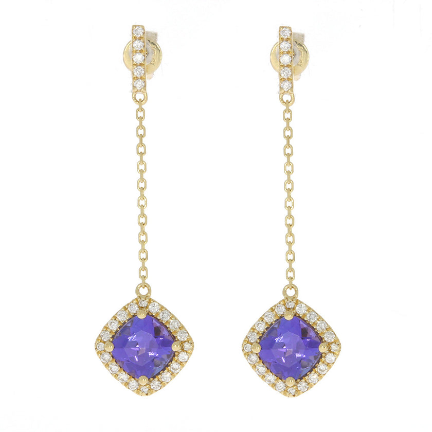 14K Yellow Gold Cushion Cut Tanzanite and Diamond Chain Dangle Earrings