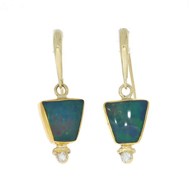 14 Karat Yellow Gold and 22 Karat Yellow Gold Bezel Set Ethiopian Opal and Diamond Earrings