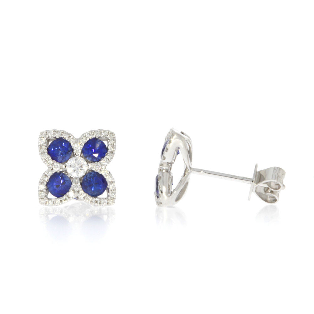 14K White Gold Blue Sapphire and Diamond Flower Cluster Earrings