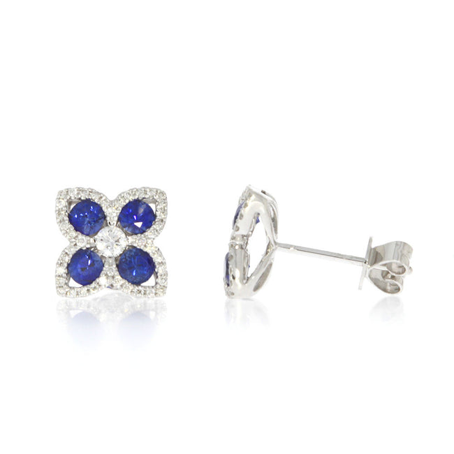 14K White Gold Blue Sapphire and Diamond Flower Cluster Earrings