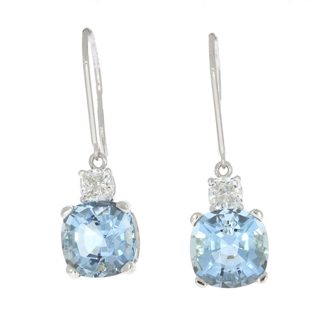 14K White Gold and Aquamarine with Brilliant Cut Natural Dangle Diamond Earrings