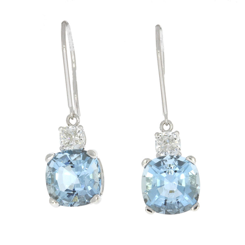 14K White Gold and Aquamarine with Brilliant Cut Natural Dangle Diamond Earrings