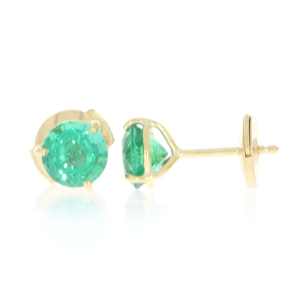 18K Yellow Gold And Round Emerald Martini Solitaire Earrings
