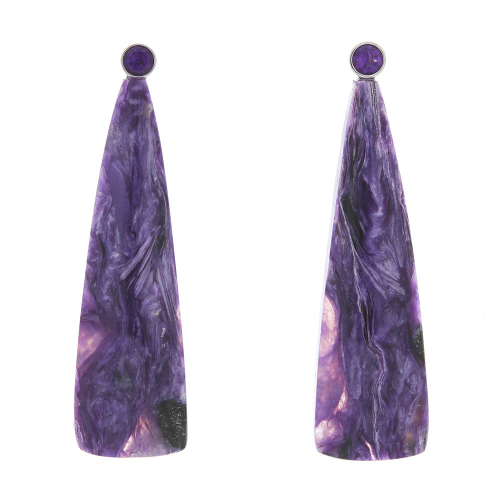 14K White Gold Charoite and Amethyst Earrings