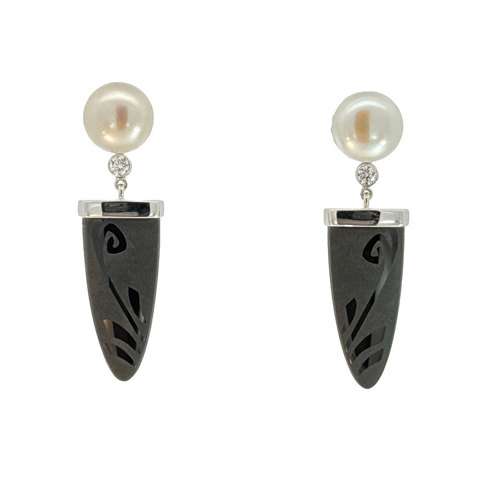 14K White Gold And Etched Onyx Bullet And Pearl And Diamond Dangle Earrings