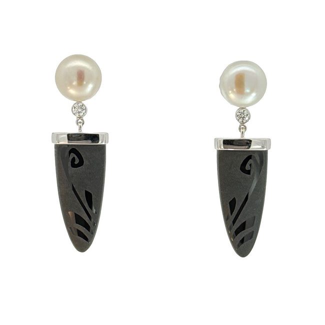 14K White Gold And Etched Onyx Bullet And Pearl And Diamond Dangle Earrings