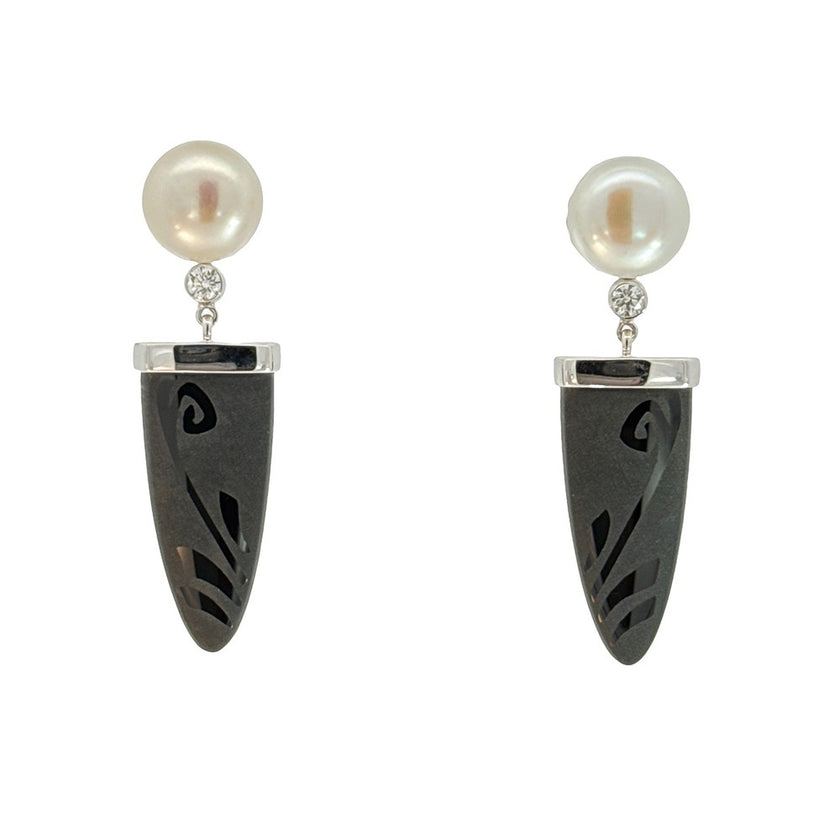 14K White Gold And Etched Onyx Bullet And Pearl And Diamond Dangle Earrings