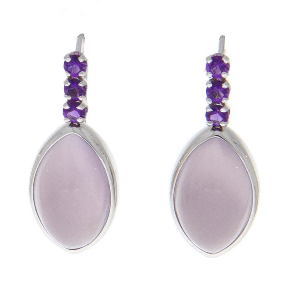 14K White Gold And Marquise Cabachon Lilac Chalcedonay And Six 2.7mm Faceted Round Amethyst Drop Earrings