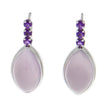 14K White Gold And Marquise Cabachon Lilac Chalcedonay And Six 2.7mm Faceted Round Amethyst Drop Earrings