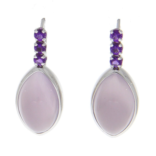 14K White Gold And Marquise Cabachon Lilac Chalcedonay And Six 2.7mm Faceted Round Amethyst Drop Earrings