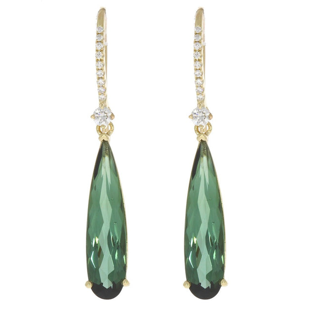 14K Yellow Gold Bezel Set Green Tourmaline and Prong Set Diamond Dangle Earrings