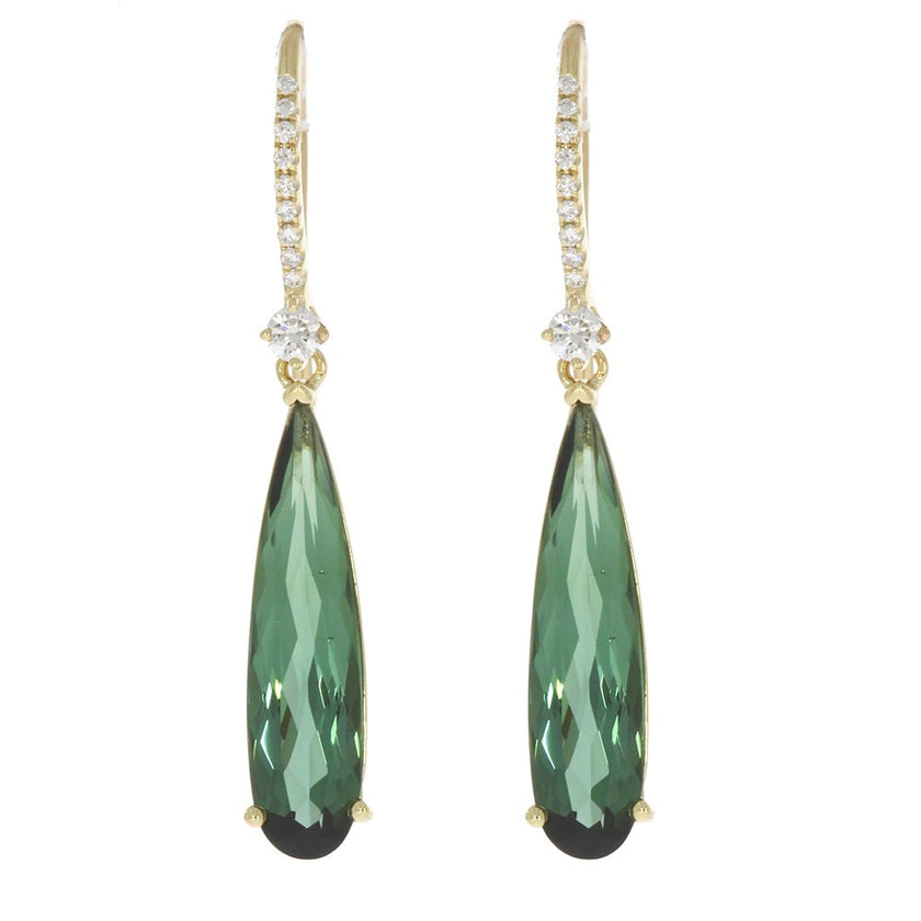 14K Yellow Gold Bezel Set Green Tourmaline and Prong Set Diamond Dangle Earrings