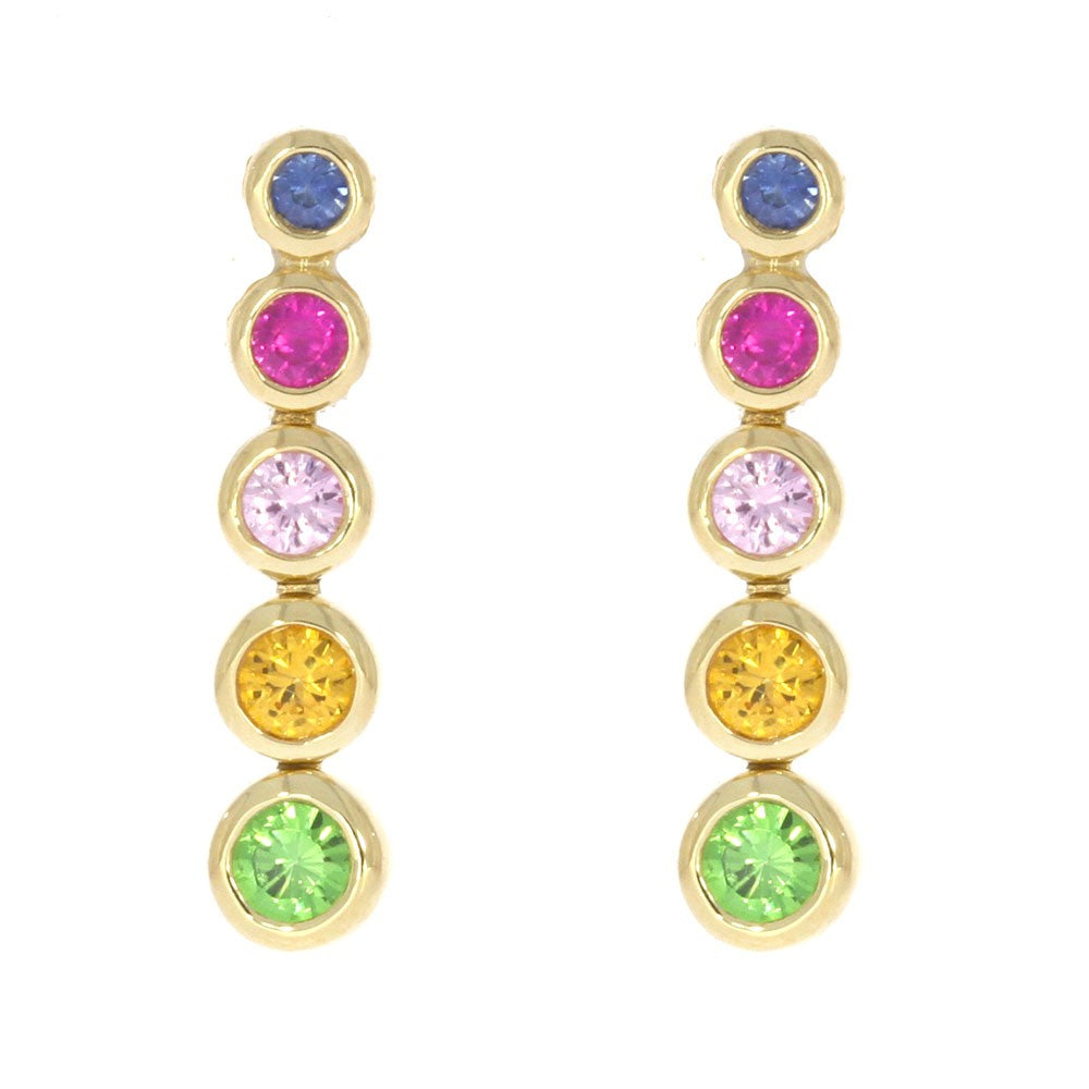 14K Yellow Gold Bezel Set Multi Color Round Sapphire and Green Garnet Dangle Earrings