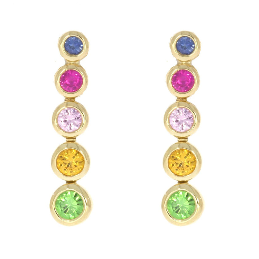 14K Yellow Gold Bezel Set Multi Color Round Sapphire and Green Garnet Dangle Earrings