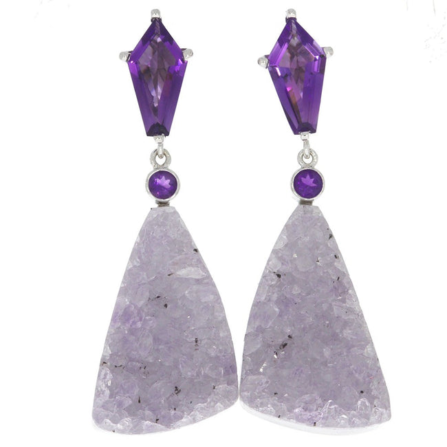 14K White Gold and Triangle Lavender Drusy Doublet and Round Amethyst and Coffin Shape Amethyst Dangle Earrings