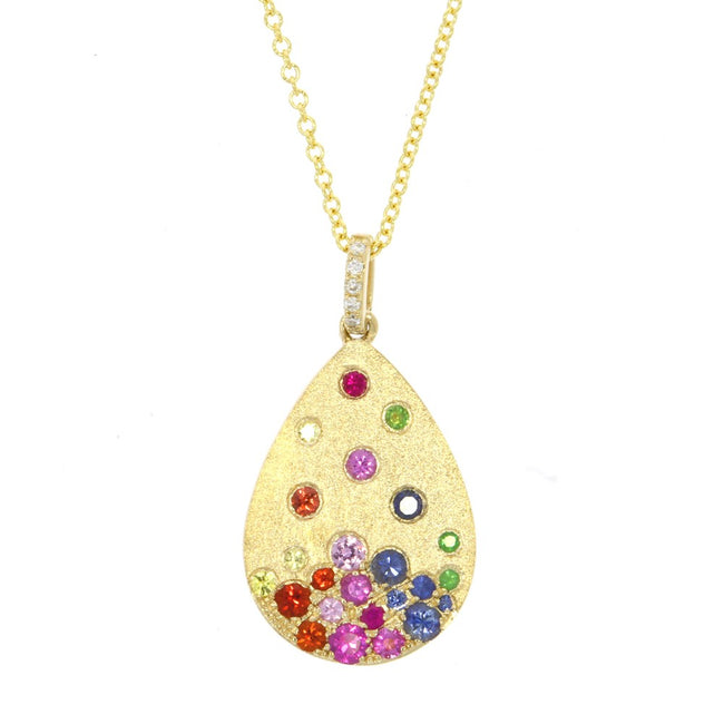14K Yellow Gold and Rainbow Sapphire, Tsavorite and Diamond Tear Drop Shaped Pendant