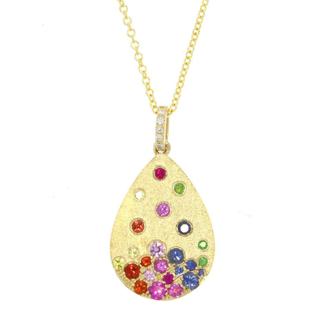14K Yellow Gold and Rainbow Sapphire, Tsavorite, and Diamond Tear Drop Shaped Pendant