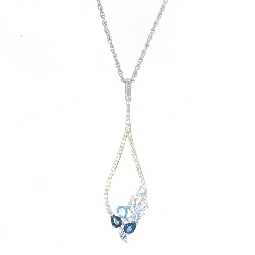 14K White Gold Blue Topaz and Diamond Tear Drop Pendant