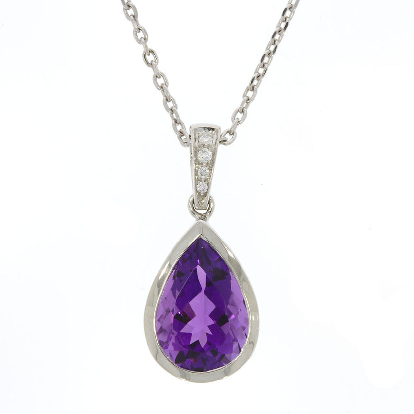 14K White Gold Pear Shape Amethyst Bezel Set Pendant