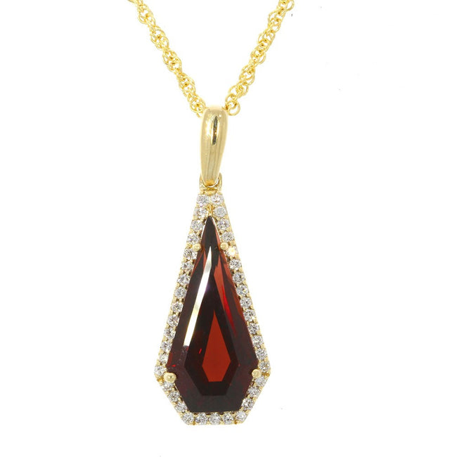 14K Yellow Gold Teardrop Garnet Pendant with Prong Set Diamond Accents