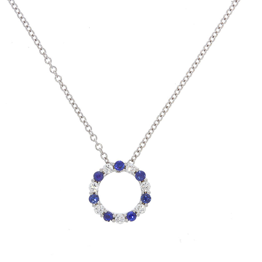 18K White Gold with Seven Round Diamonds and Seven Round Sapphire Prong Set Circle Pendant
